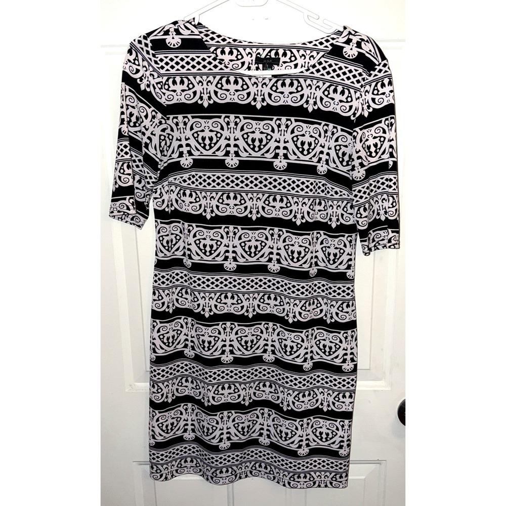 R&K Women's Sheath‎ Dress Black White Scroll Print Stretch Size 8 Midi